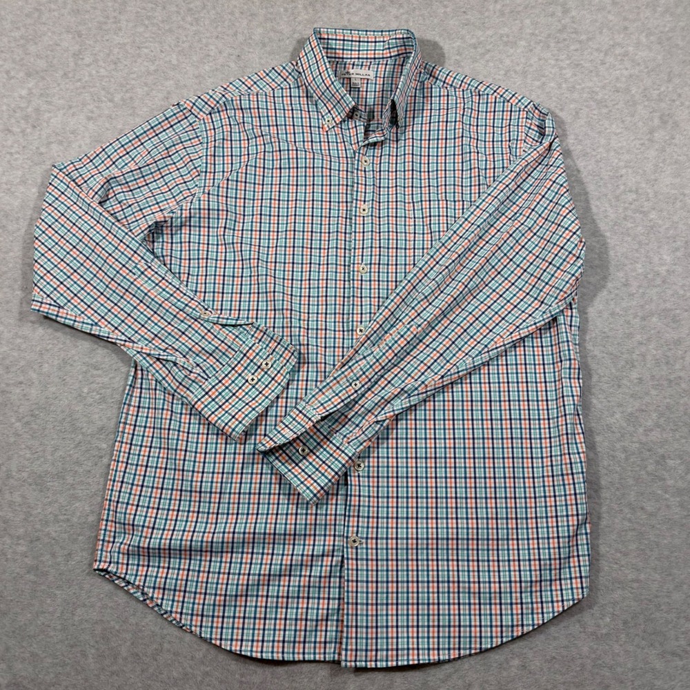 Peter Millar Shirt Mens L Blue Orange Plaid Performance MF18EW12BL‎ Stretch - Picture 3 of 8